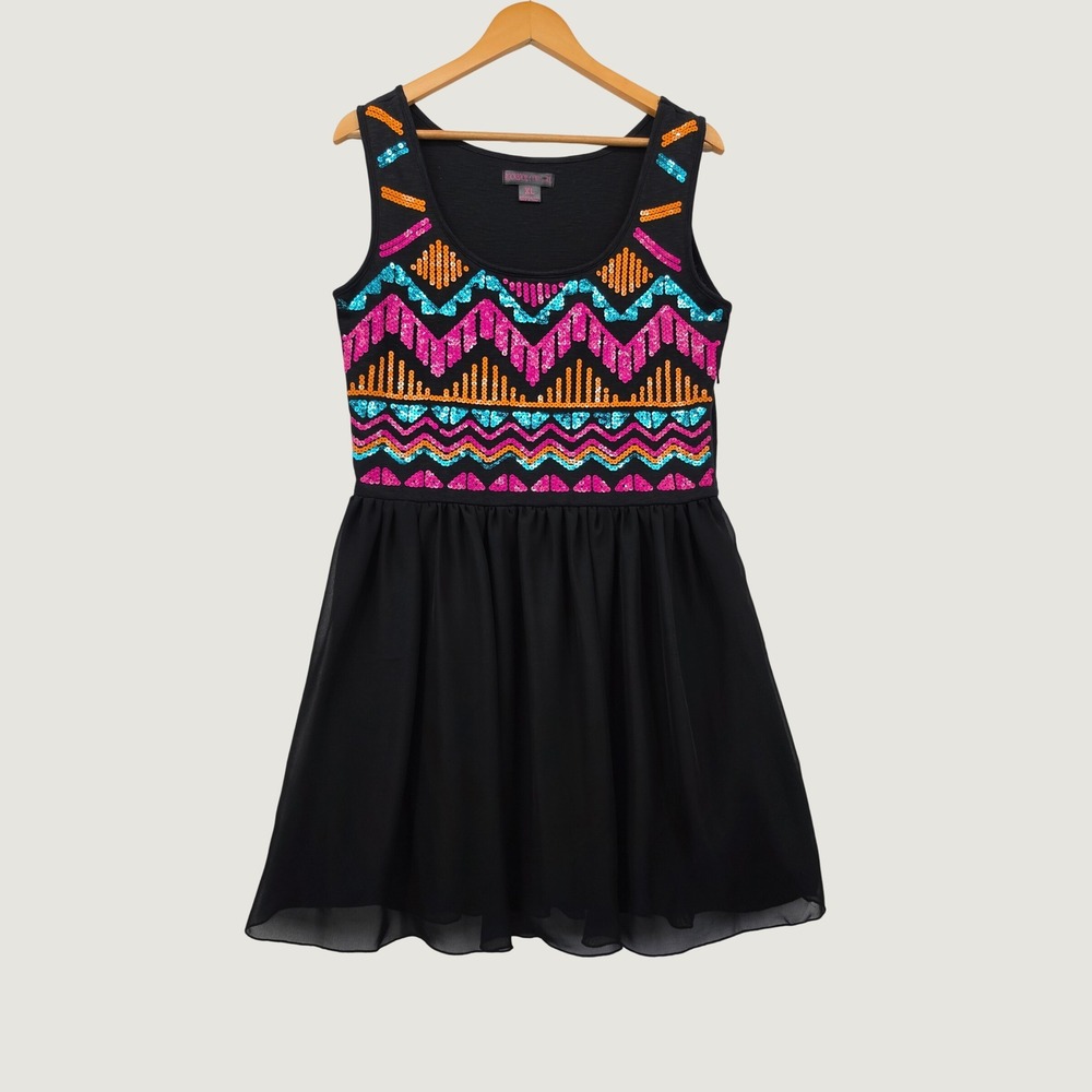 Rock & Roll Cowgirl Sequin Western Dress Black XL Boho Festival Sparkle Mini